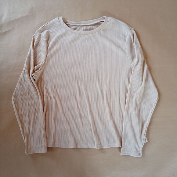 Shein Curve Beige Ribbed Long Sleeve Shirt Womens Size 2XL Basic Minimalist - Picture 1 of 8